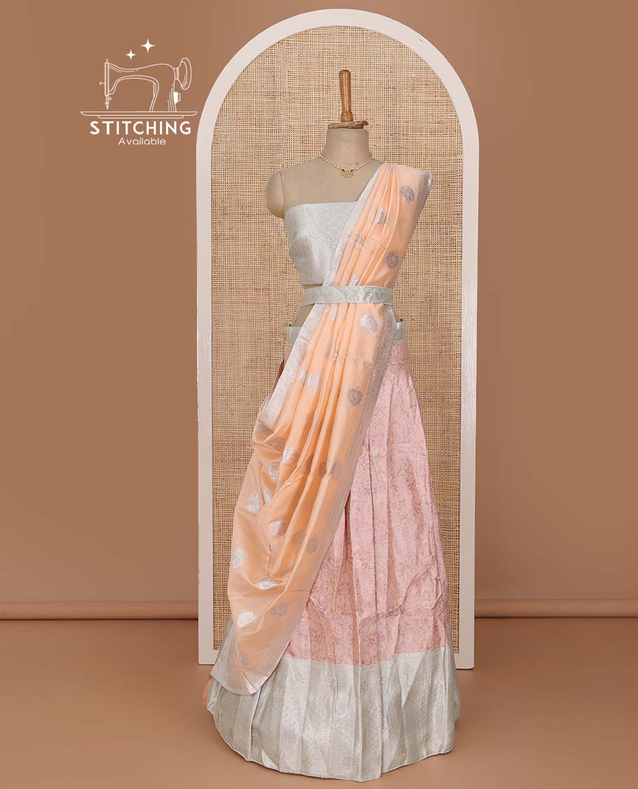 Peach lehenga set, zari jacquard with contrast traditional design border skirt, jacquard stone work blouse, and banarasi zari design dupatta