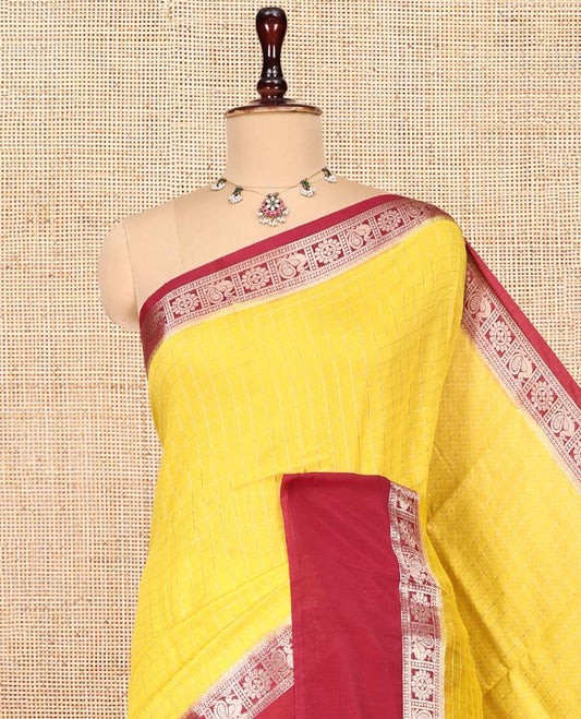 Yellow Zari Checked Assam Silk Saree, Complemented by a Contrast Traditional Zari-Woven Border, Zari-Striped Pallu, and a Contrast Blouse