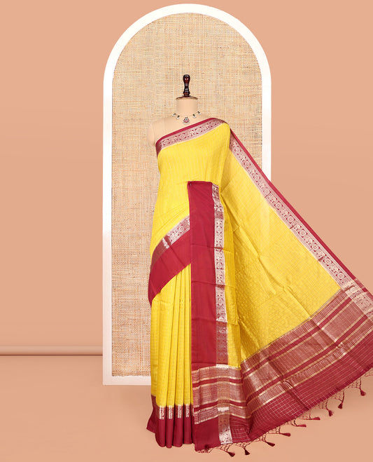 Yellow Zari Checked Assam Silk Saree, Complemented by a Contrast Traditional Zari-Woven Border, Zari-Striped Pallu, and a Contrast Blouse