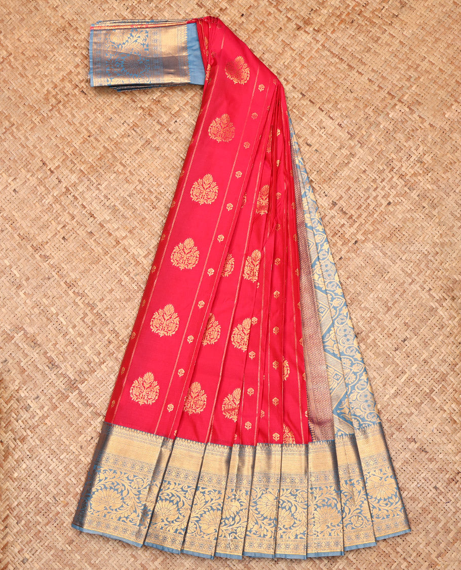 Red Budget Silk Saree, Woven with Zari Buttas and Stripes, Complemented by a Contrast Traditional Border, Grand Pallu, and a Contrast Blouse