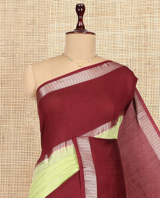 Green Assam Silk Saree, Accentuated with Zari Stripes, Complemented by Contrast Big Zari Border,  Zari Woven Pallu, and Contrast Blouse