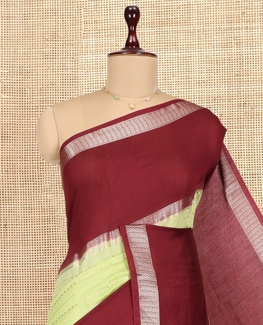 Green Assam Silk Saree, Accentuated with Zari Stripes, Complemented by Contrast Big Zari Border,  Zari Woven Pallu, and Contrast Blouse