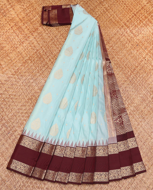 Baby Blue Budget Silk Saree, Graced with Zari Buttas, Contrast Traditional Zari Rettai Pettu Temple Border, Grand Pallu, and a Contrast Blouse
