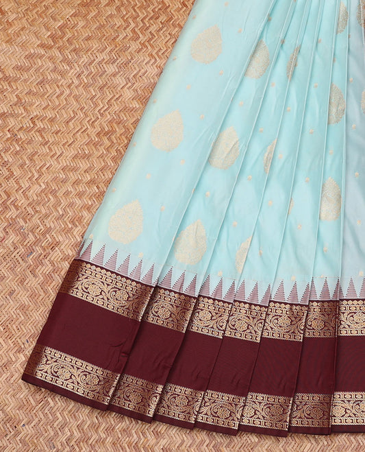 Baby Blue Budget Silk Saree, Graced with Zari Buttas, Contrast Traditional Zari Rettai Pettu Temple Border, Grand Pallu, and a Contrast Blouse