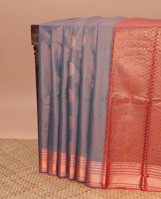 Dark grey tree motifs semi silk cotton saree with contrast floral design border & jaal design pallu