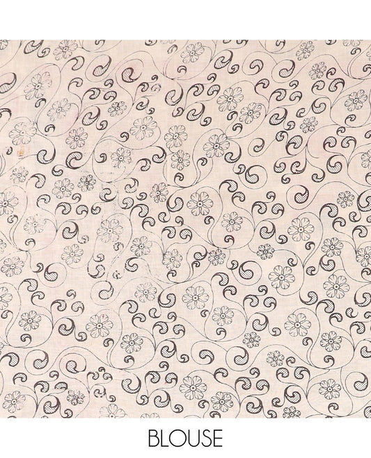 Green floral machine-printed Kalamkari cotton saree, contrast ancient border, and pallu of kalamkari peacock