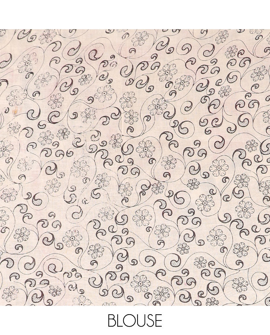 Green floral machine-printed Kalamkari cotton saree, contrast ancient border, and pallu of kalamkari peacock