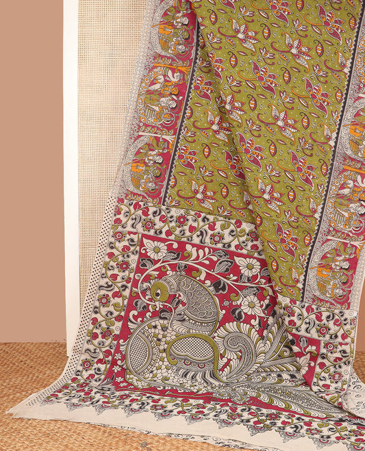 Green floral machine-printed Kalamkari cotton saree, contrast ancient border, and pallu of kalamkari peacock