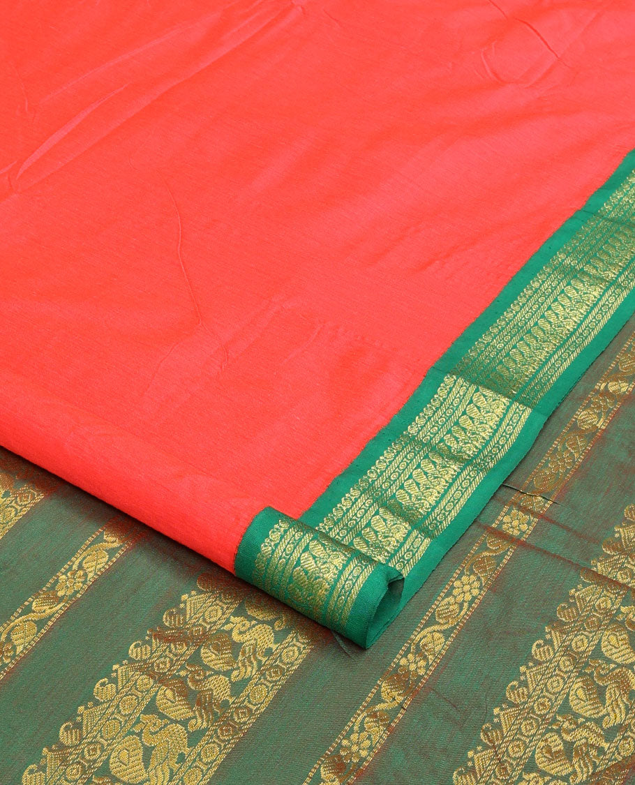 Red plain nine-yard cotton saree, contrast traditional motifs border, and pallu of traditional designs