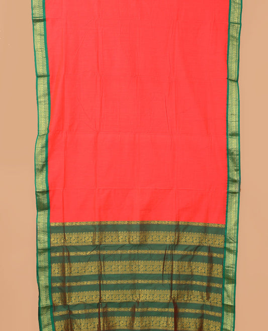 Red plain nine-yard cotton saree, contrast traditional motifs border, and pallu of traditional designs
