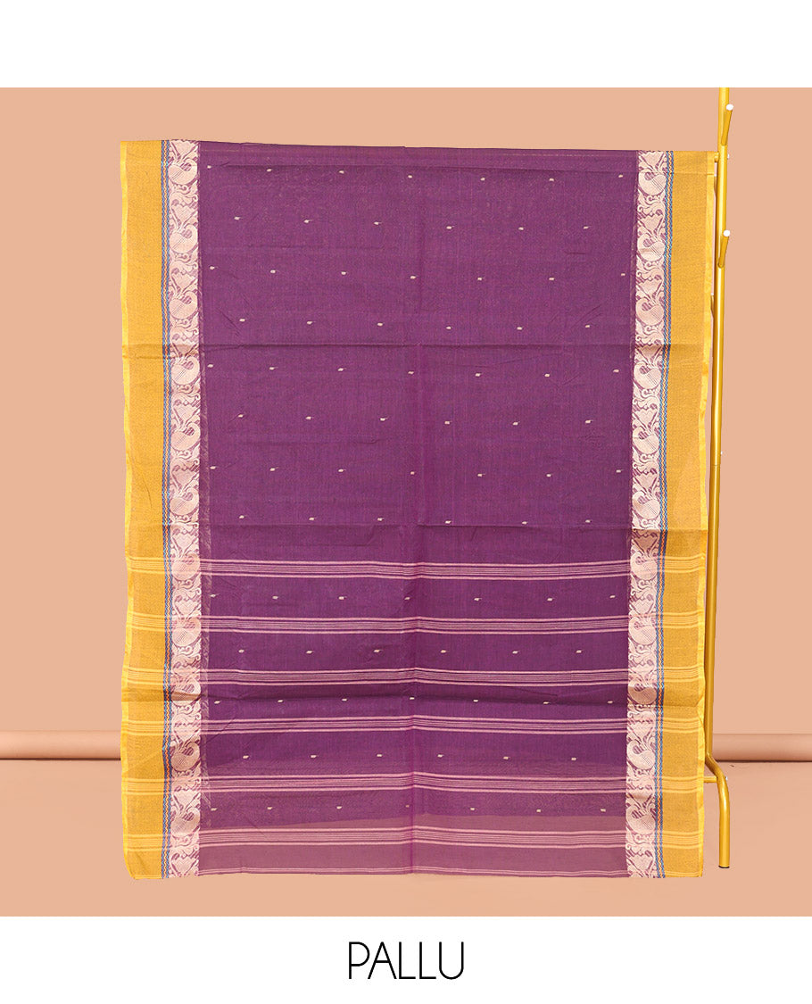 Purple Bengal Cotton Saree, Subtly Sparkled with Buttas, a Contrast Floral-Paisley Border, Pallu of Stripes and Buttas, and a Matching Blouse