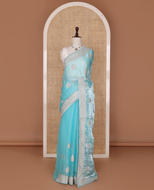 Blue embroidered spade-shaped motifs designer saree, embroidered border