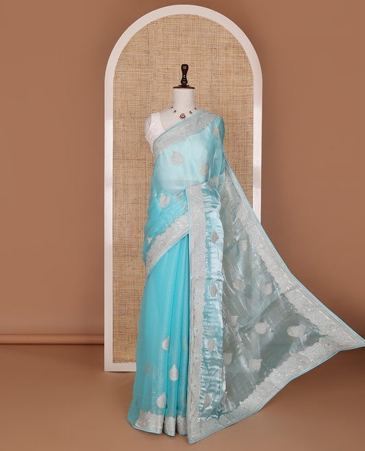 Blue embroidered spade-shaped motifs designer saree, embroidered border