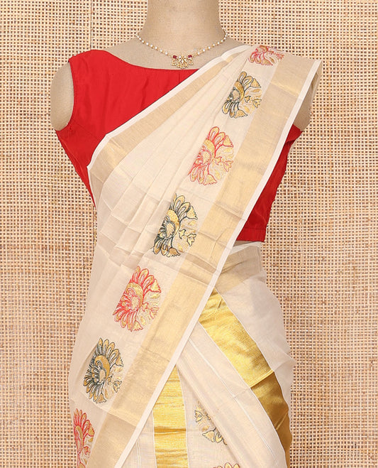 Cream plain design Kerala mundu set, peacock motifs thread embroidery and zari bavanji border