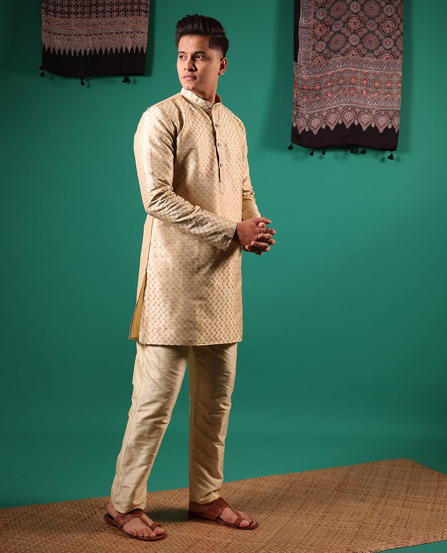Gold thread and sequins embroidered full-sleeved men's kurta set