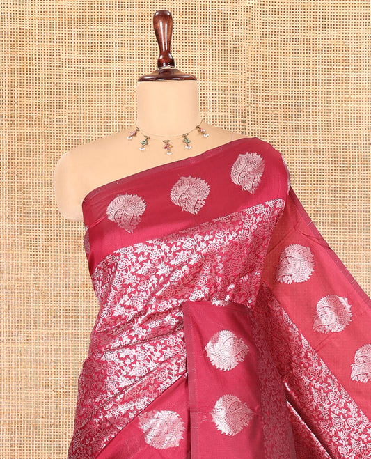 Magenta Art Kanchi Silk Saree Features Jacquard Design, a Zari-Motif Border, Contrast Intricate Pallu, and a Contrast Blouse
