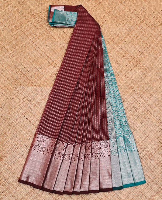 Brown Budget Silk Saree, Embellished with Zari Stripes On Its Body, Highlighted by Traditional Zari Designs Woven Border, Grandly Decked Up Pallu and Paired with a Contrast Blouse