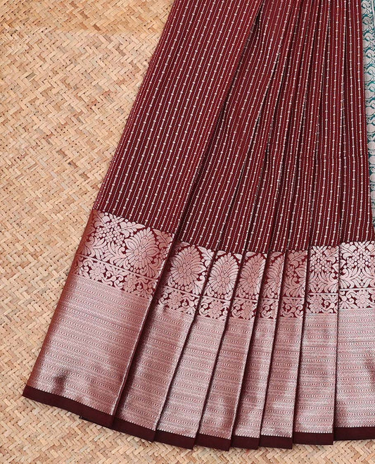 Brown Budget Silk Saree, Embellished with Zari Stripes On Its Body, Highlighted by Traditional Zari Designs Woven Border, Grandly Decked Up Pallu and Paired with a Contrast Blouse