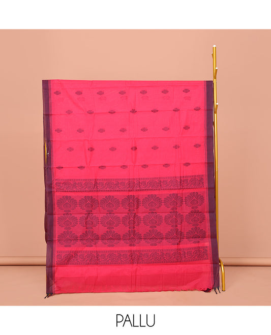 Pink Kanchi Cotton Saree, Sparsely Designed with Buttas on Its Body, Complemented by Contrast Border, a Pallu of Intricate Designs, and Paired with a Matching Blouse