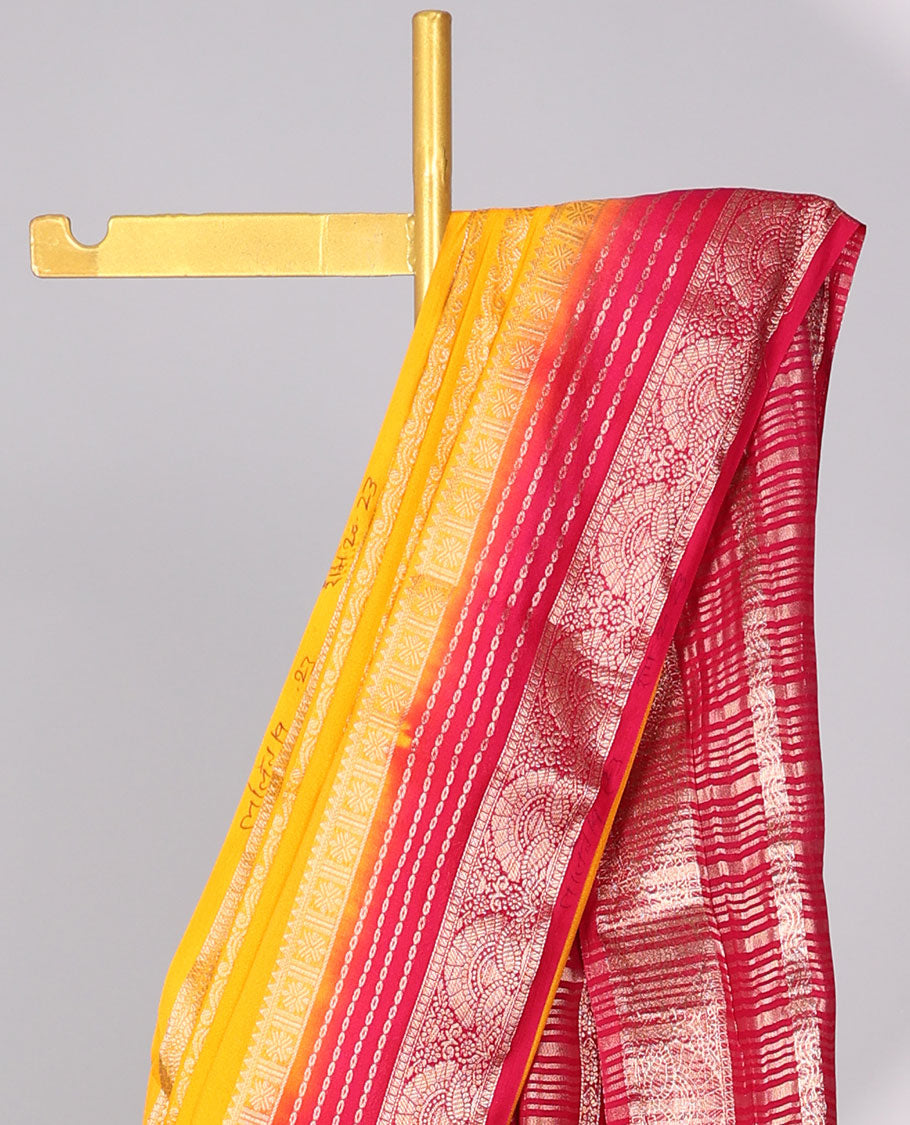 Yellow zari striped design mysore silk saree with contrast traditional zari border & striped zari pallu