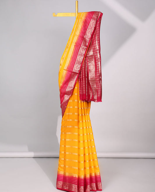 Yellow zari striped design mysore silk saree with contrast traditional zari border & striped zari pallu