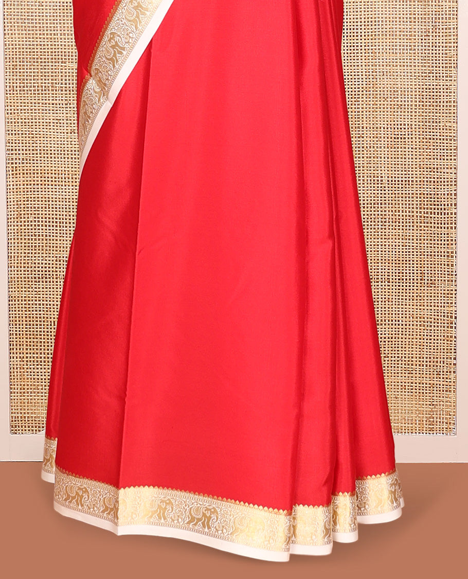 Red Plain Mysore Silk Saree, Complemented by a Contrast Elephant Zari Border, Zari Design Pallu, and a Contrast Blouse