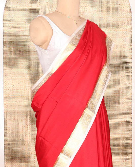 Red Plain Mysore Silk Saree, Complemented by a Contrast Elephant Zari Border, Zari Design Pallu, and a Contrast Blouse