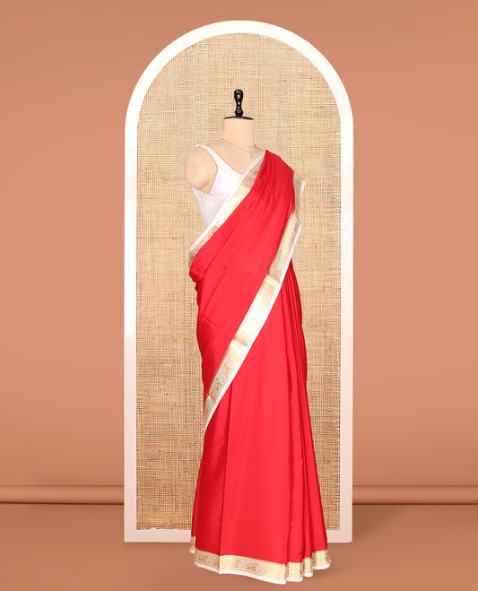 Red Plain Mysore Silk Saree, Complemented by a Contrast Elephant Zari Border, Zari Design Pallu, and a Contrast Blouse