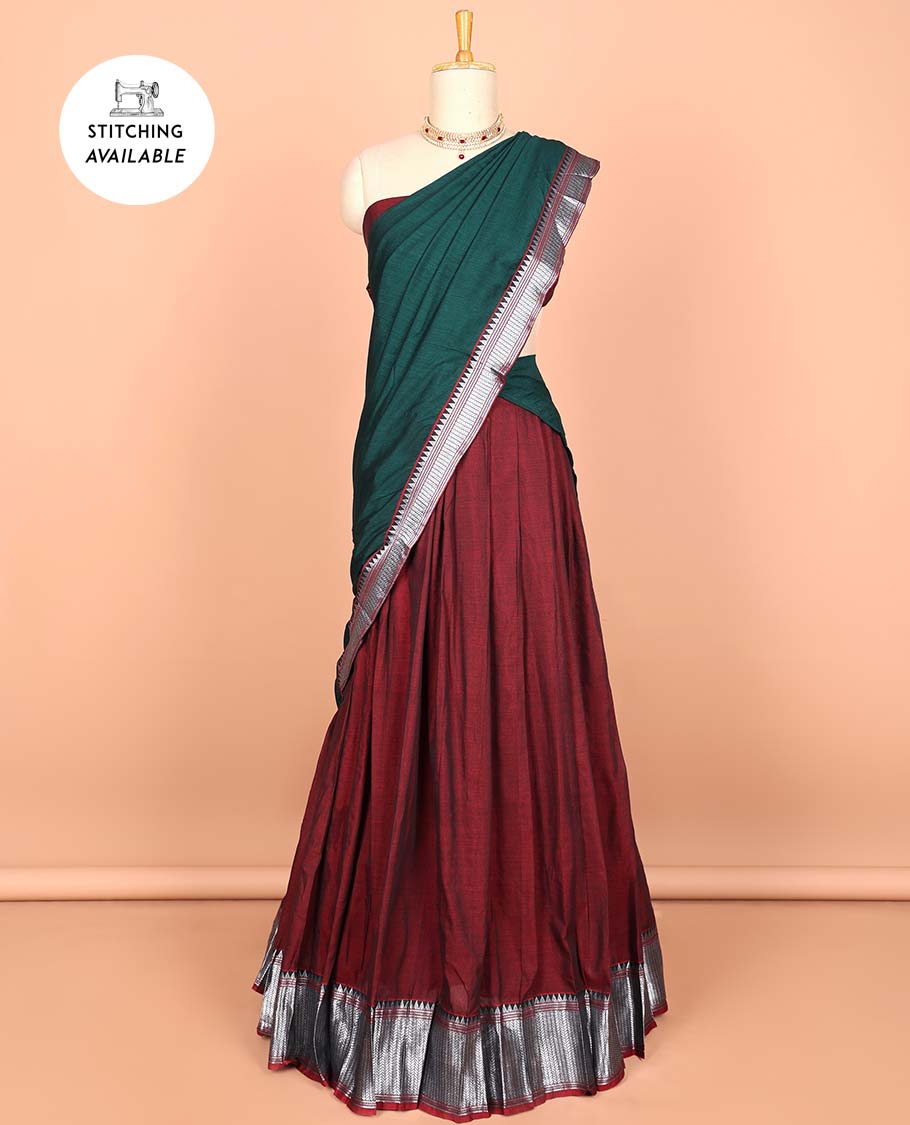 Violet cotton half saree with contrast zari border, plain blouse & plain with zari border dhavani