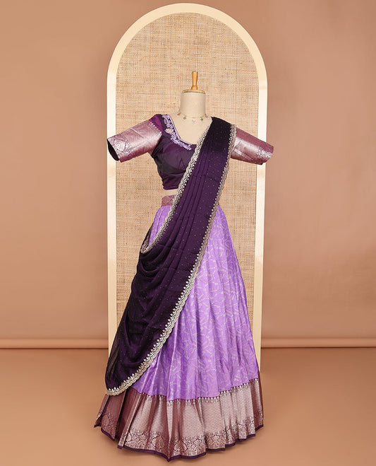 Purple floral art silk half saree with contrast zari design border, embroidery blouse & floral embroidery dhavani