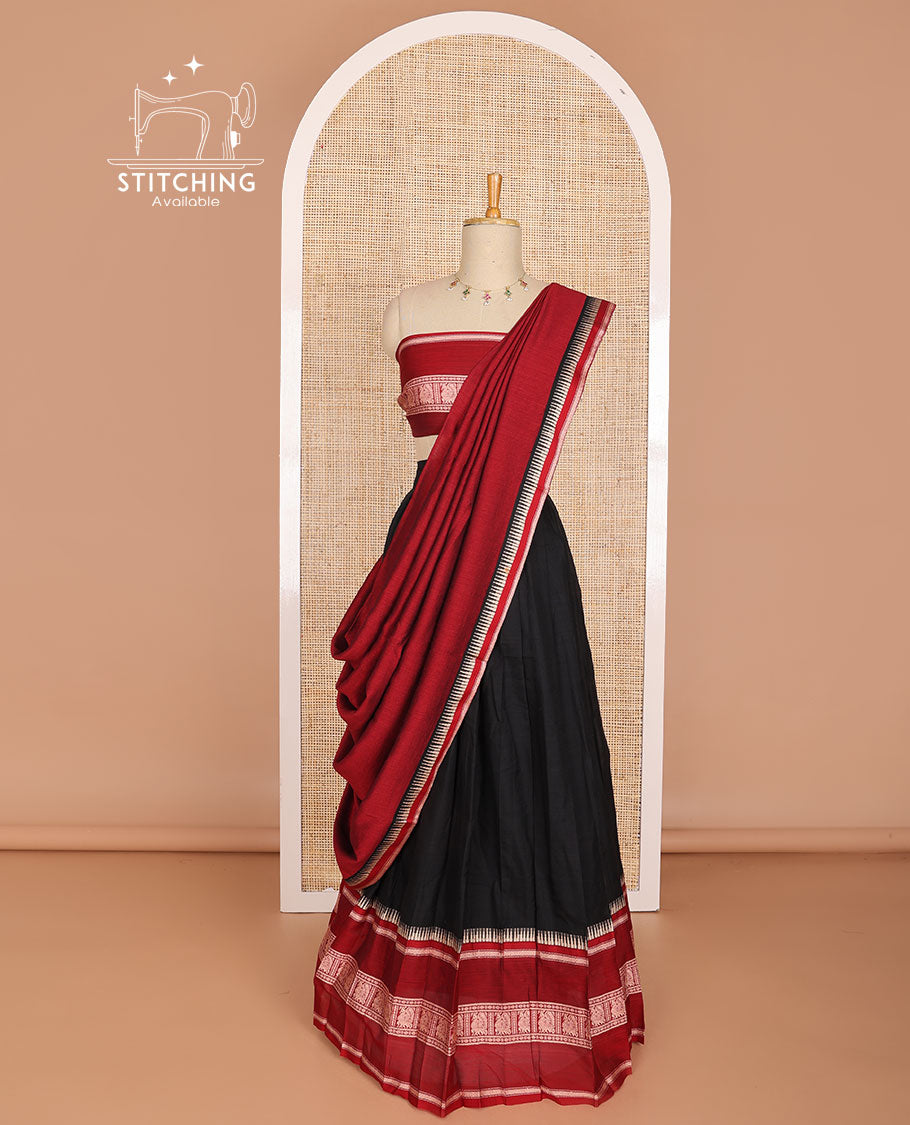 Black cotton half saree with contrast peacock design border, peacock design blouse & temple border dhavani