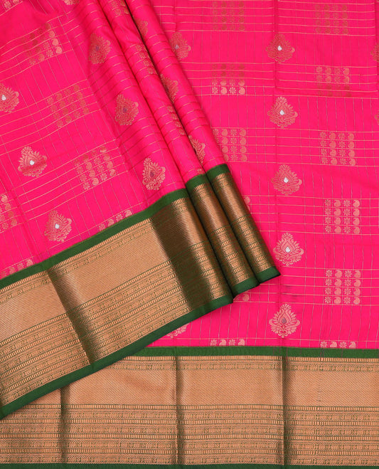Pink art silk pavadai material set, zari design pavadai, contrast blouse & traditional zari border