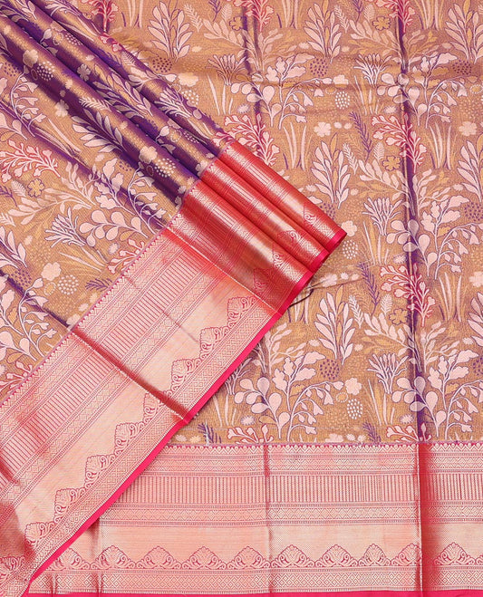 Violet Art Silk Pavadai Material Set Spotlighted with Jacquard Design on Its Skirt, Complemented by a Contrast Traditional Zari Design Border, and Paired with a Contrast Blouse