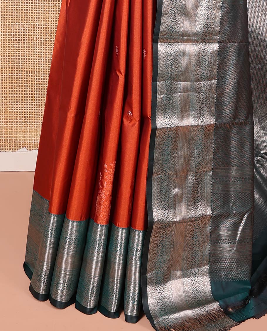 Orange Budget Silk Saree, Detailed with Zari Buttas All Over Its Body, Complemented by a Contrast Traditional Zari Design Border, Grand Chevron Striped Pallu, and Paired with a Contrast Blouse