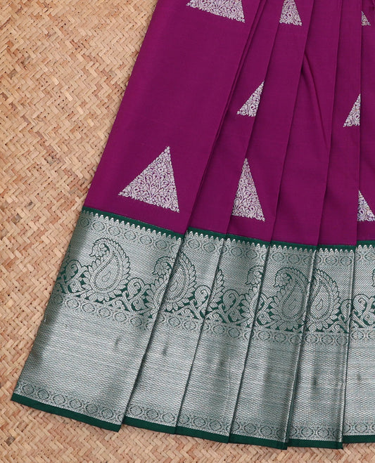 Purple Budget Silk Saree, Detailed with Triangle Zari Buttas All Over Its Body, Complemented by a Contrast Traditional Zari Design Border, Grand Jaal Pallu, and Paired with a Contrast Blouse