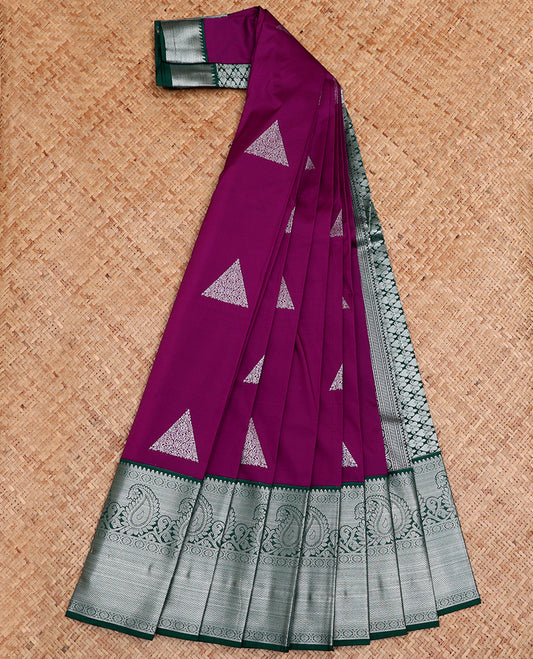 Purple Budget Silk Saree, Detailed with Triangle Zari Buttas All Over Its Body, Complemented by a Contrast Traditional Zari Design Border, Grand Jaal Pallu, and Paired with a Contrast Blouse
