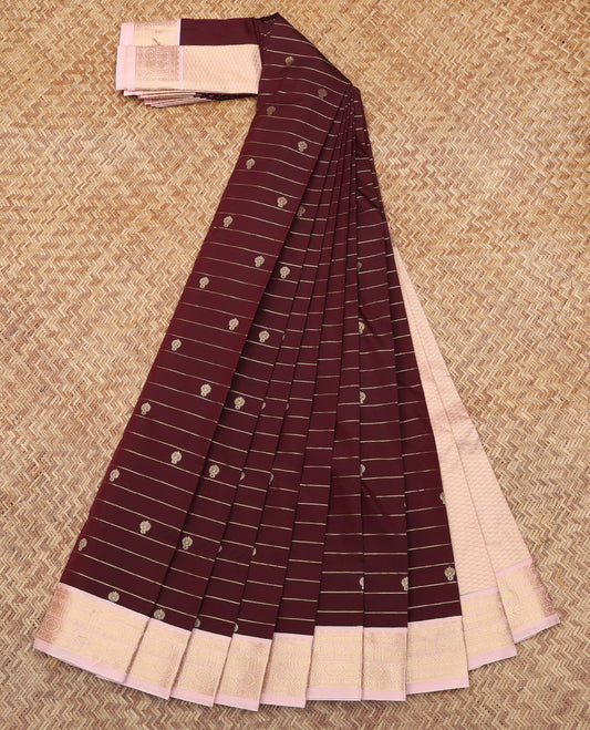 Maroon Budget Silk Saree, Detailed with Buttas and Stripes, Complemented by a Contrast Traditional Border, Jaal Pallu, and a Contrast Blouse