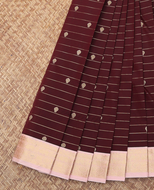 Maroon Budget Silk Saree, Detailed with Buttas and Stripes, Complemented by a Contrast Traditional Border, Jaal Pallu, and a Contrast Blouse