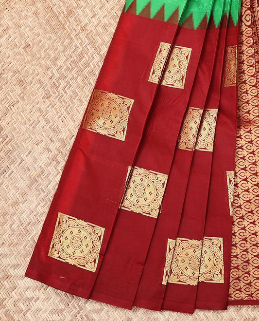 Borderless Green-Red Budget Silk Saree Features Half-And-Half-Style Embossed and Zari Buttas, Intricate Pallu, and a Contrast Blouse