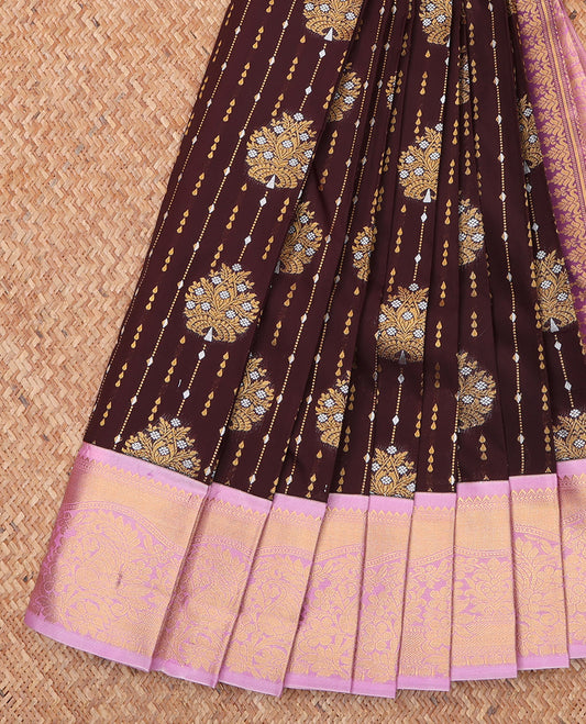 Brown Budget Silk Saree, Spotlighted with Zari Buttas All Over Its Body, Complemented by Contrast Traditional Zari Designs Woven Border, Grand Pallu and Paired with a Contrast Blouse