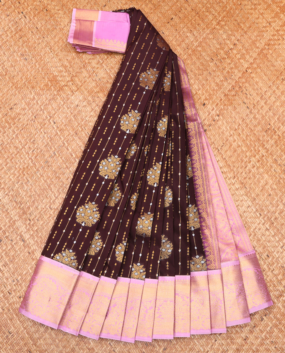 Brown Budget Silk Saree, Spotlighted with Zari Buttas All Over Its Body, Complemented by Contrast Traditional Zari Designs Woven Border, Grand Pallu and Paired with a Contrast Blouse