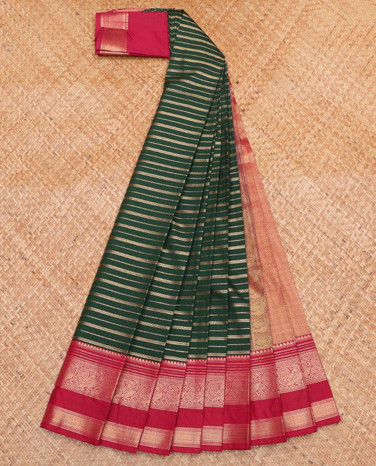 Green Budget Silk Saree, Graced with Zari Stripes All Over Its Body, Complemented by Contrast Traditional Zari Designs Woven Rettai Pettu Border, Grand Pallu and Paired with a Contrast Blouse