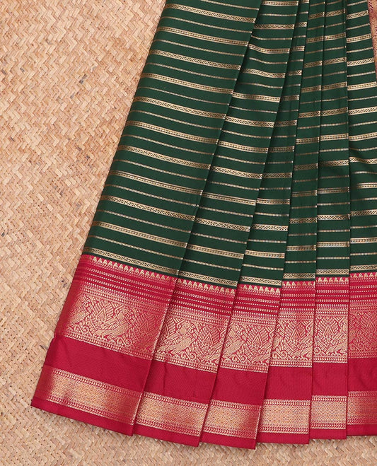 Green Budget Silk Saree, Graced with Zari Stripes All Over Its Body, Complemented by Contrast Traditional Zari Designs Woven Rettai Pettu Border, Grand Pallu and Paired with a Contrast Blouse