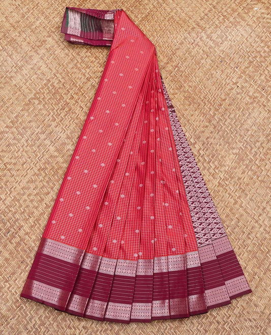Pink Budget Silk Saree, Featuring Zari Buttas and Checked Design on Its Body, Complemented by a Contrast Traditional Zari Design Border, Grand Paisley Pallu, and Paired with a Contrast Blouse
