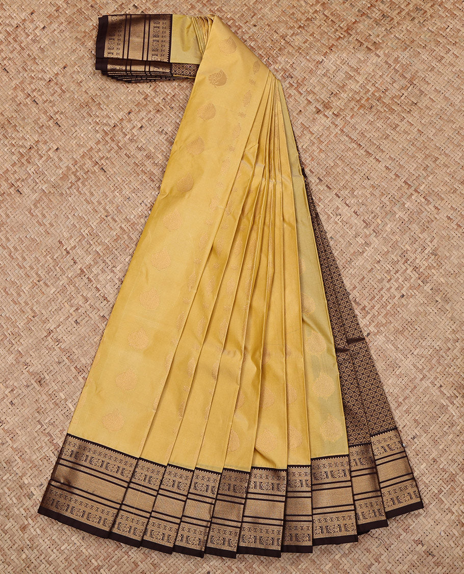 Sandal Budget Silk Saree, Sparsely Threaded with Zari Buttas All Over Its Body, Complemented by a Contrast Traditional Zari Design Border, Grand Jaal Pallu, and Paired with a Contrast Blouse