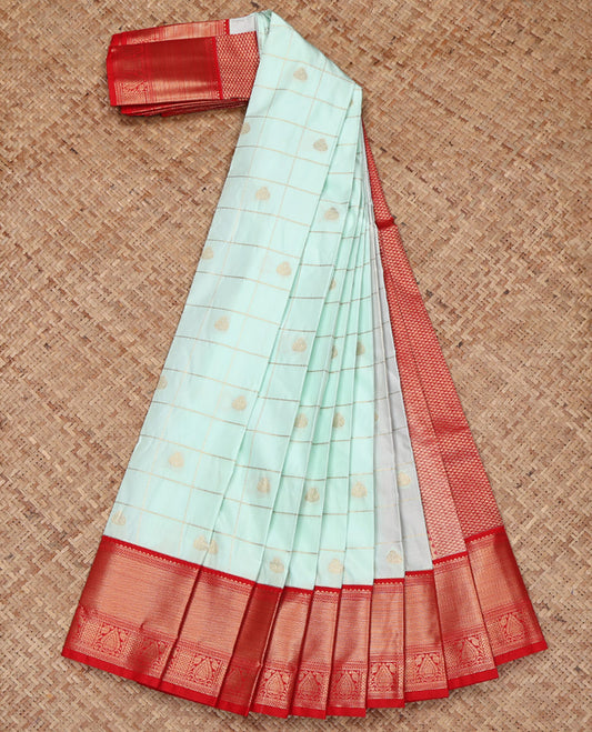 Pale Blue Budget Silk Saree, Bedecked with Zari Butta Enclosed Checks on Its Body, Complemented by a Contrast Traditional Zari Design Border, Grand Pallu, and Paired with a Contrast Blouse