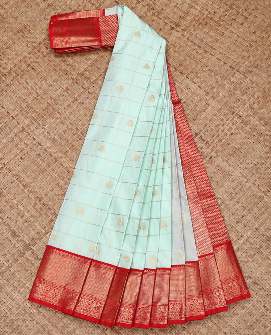 Pale Blue Budget Silk Saree, Bedecked with Zari Butta Enclosed Checks on Its Body, Complemented by a Contrast Traditional Zari Design Border, Grand Pallu, and Paired with a Contrast Blouse