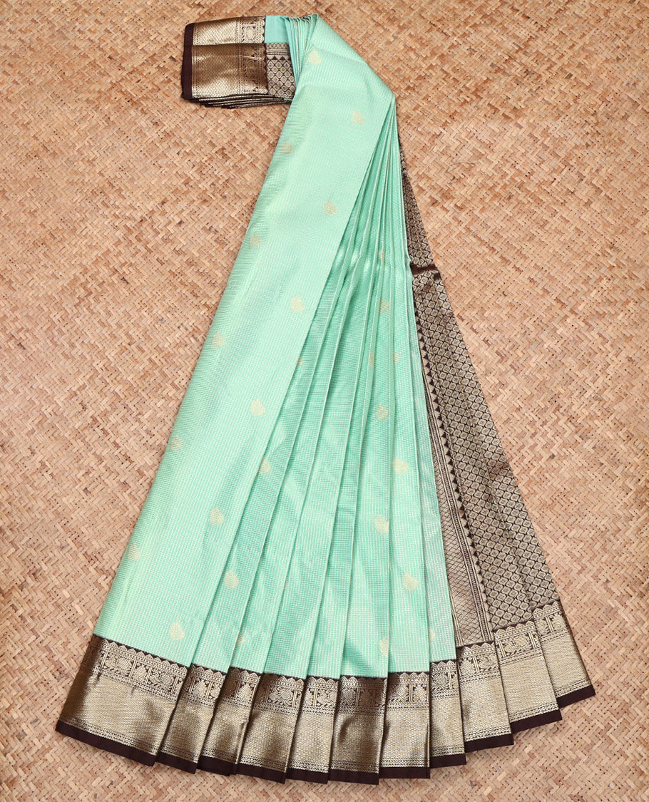 Turquoise Budget Silk Saree, Woven with Zari Buttas and Micro-Checks, Complemented by a Contrast Traditional Zari Design Border, Grand Pallu, and a Contrast Blouse