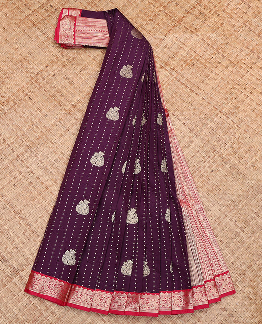 Dark Wine Budget Silk Saree, Steeped with Zari Buttas, Complemented by Contrast Traditional Border, Geometric Pallu and a Contrast Blouse