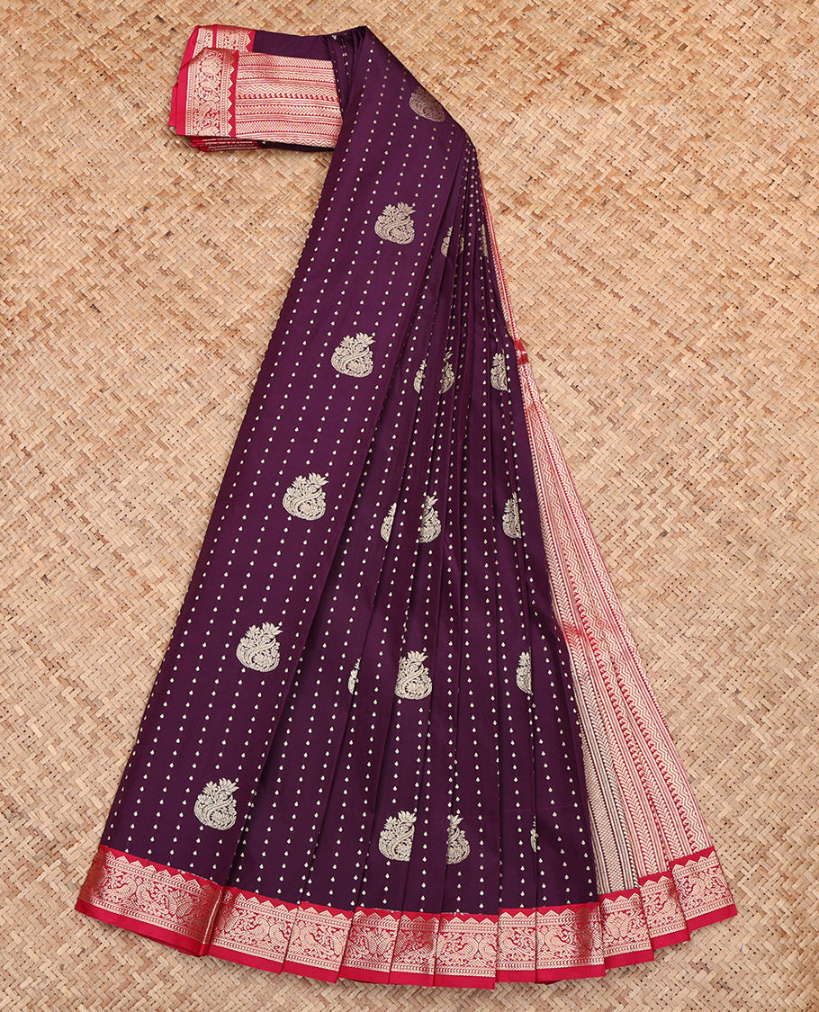 Dark Wine Budget Silk Saree, Steeped with Zari Buttas, Complemented by Contrast Traditional Border, Geometric Pallu and a Contrast Blouse